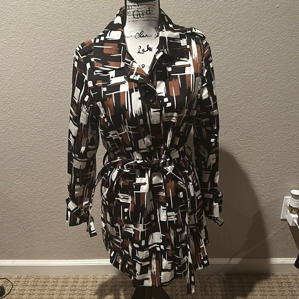Appraisal Retro style tie front Trench Rain Coat Black Brown White Abstract sz M